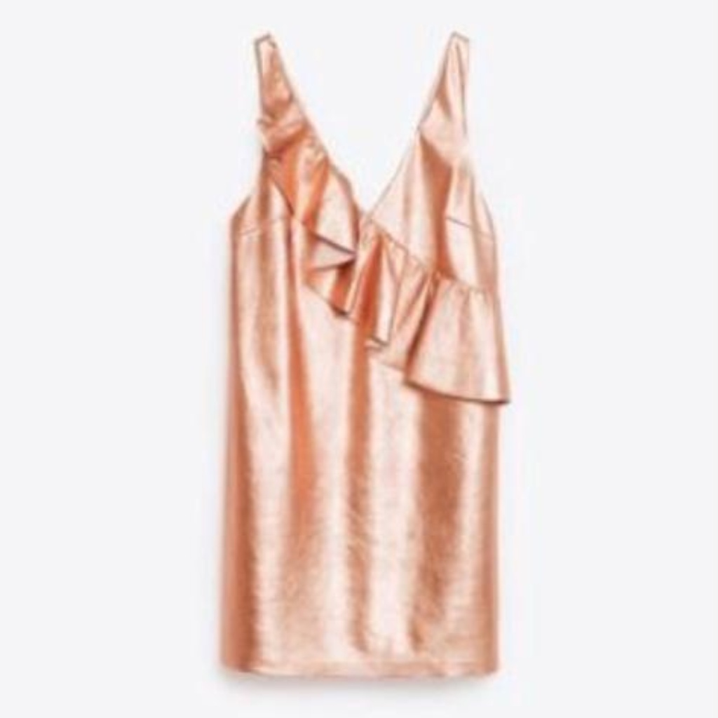 Zara Rose Gold Metallic Suede Ruffle Dress